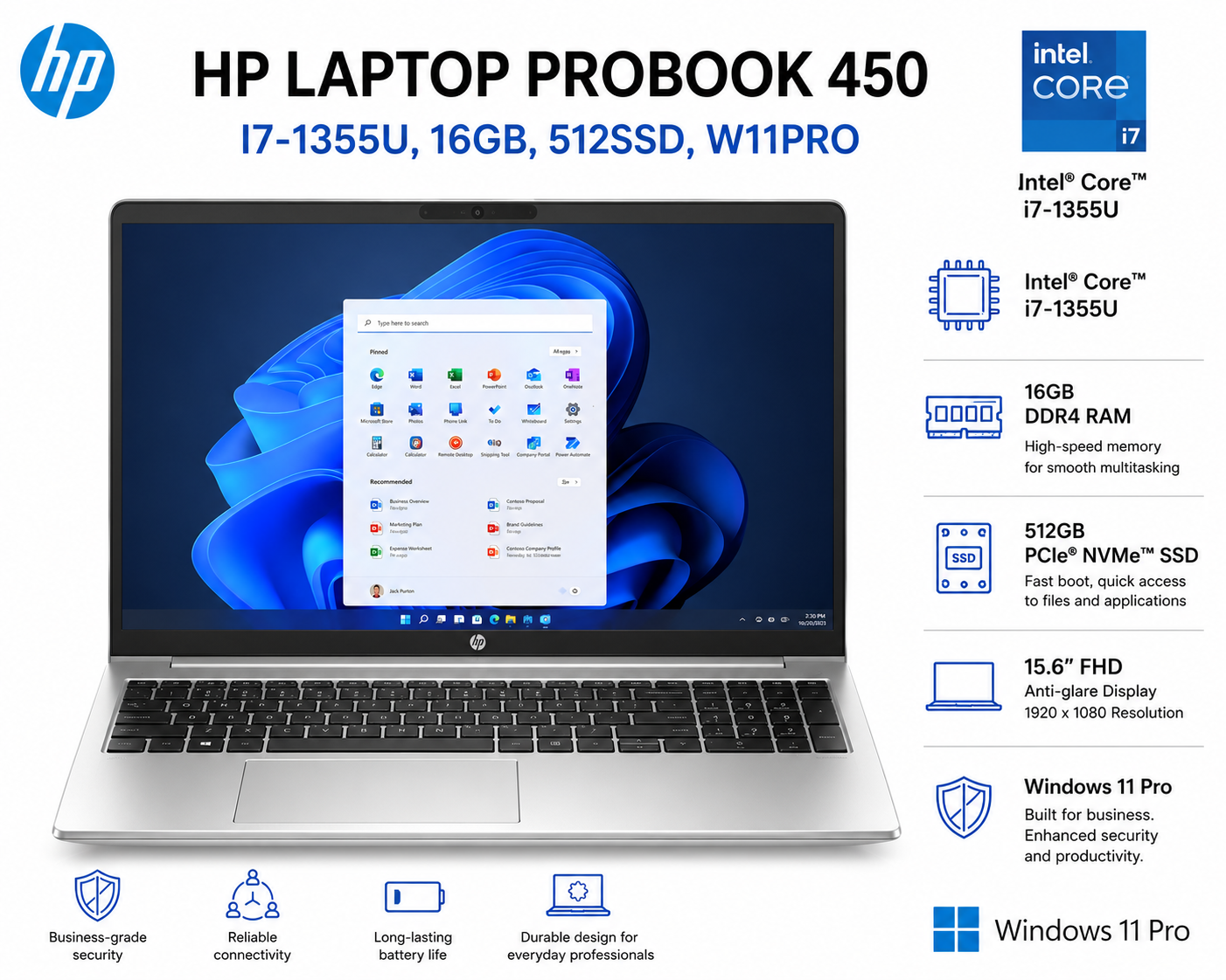 HP LAPTOP PROBK450I7-1355U,16GB,512SSD,W11PRO